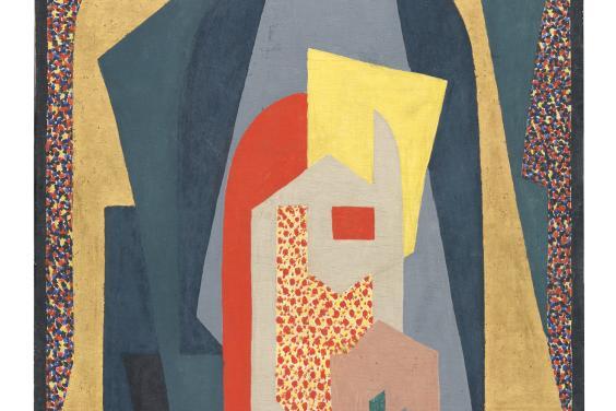 Abstract composition of shapes in a frame shaped like an altarpiece