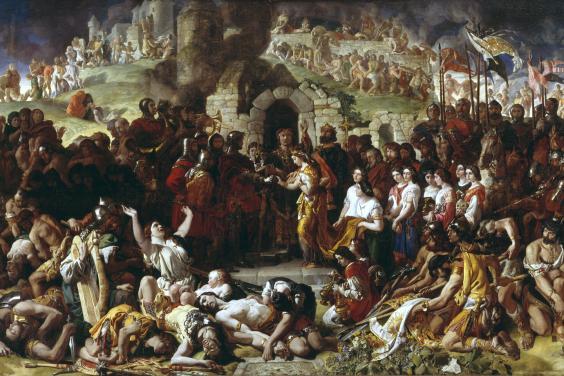 Dramatic oil painting crowded with people, with a man in armour and a woman at centre being married by a priest.