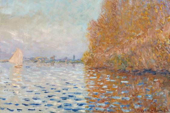 Impressionistic landscape painting of a river, trees on the riverbank, buildings on the horizon and a white sailboat.