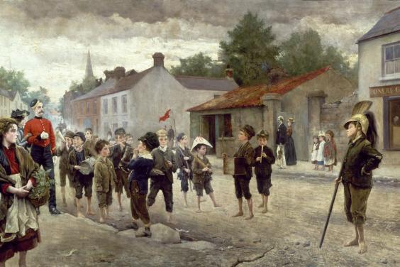Oil painting of a group of children pretending to be a marching band parading down a street