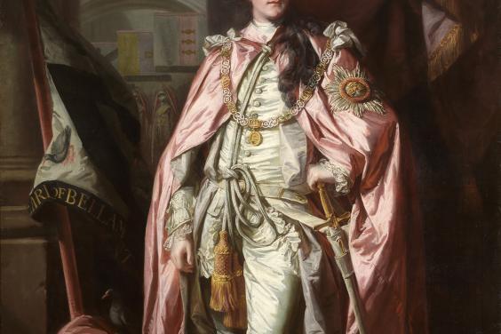 Full length portrait of man wearing a pink cape and ostrich-feather hat