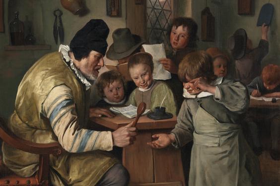 Oil painting of Dutch school room in seventeenth century with teacher hitting crying child's hand with wooden spoon as other children watch