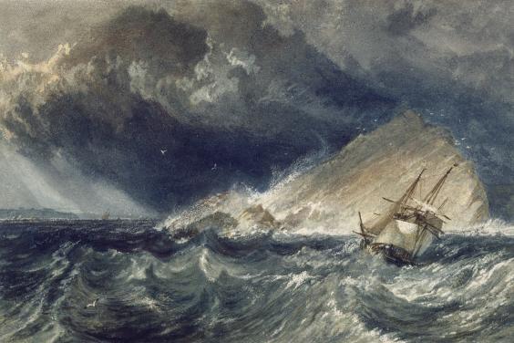 Stormy seascape painting with ship against a large rock and dark stormy clouds in the sky