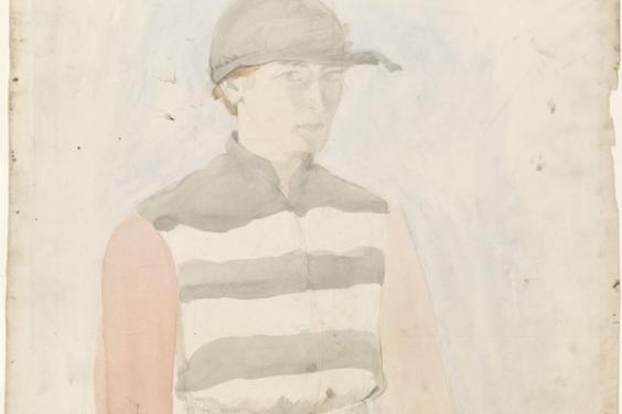 Muted-coloured painting of a woman wearing a striped jockey's outfit