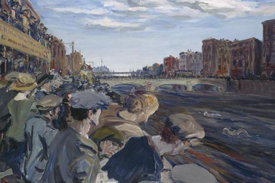 Oil painting of spectators crowding along the quays of the River Liffey watching a swimming race