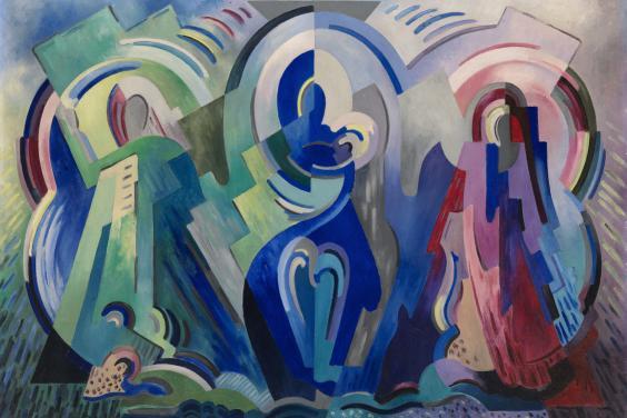 Cubist image of three figures in green, blue and red.