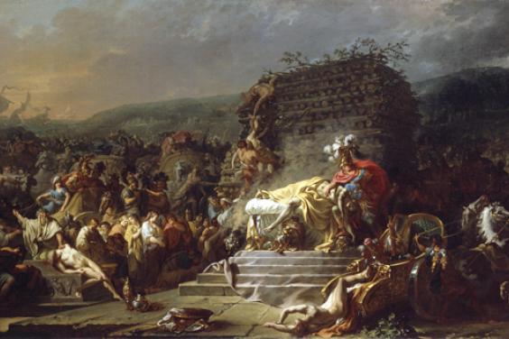 Dramatic oil painting of a large crowd of figures swirling around a funeral bier where Achilles mourns his dead friend Patroclus