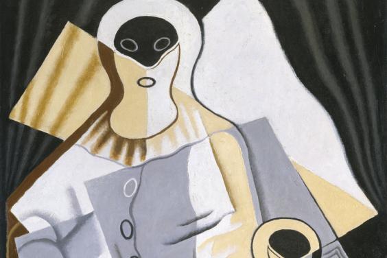 Cubist painting of a pierrot in shades of grey, yellow, white and black
