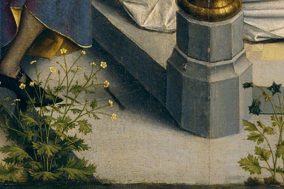 Detail of flowers in foreground of Two Scenes from the Life of a Saint.