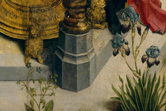Detail of flowers in foreground of Two Scenes from the Life of a Saint.