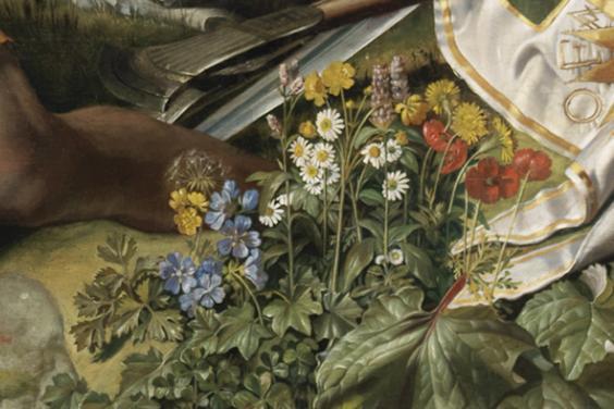 Detail of wildflowers including daisies in Maclise's painting