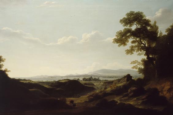 An oil painting of a landscape with mountains and the sea in the distance.