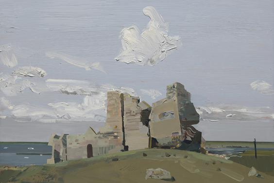 Painting of a castle ruin on a grassy hill, against a pale cloudy sky.