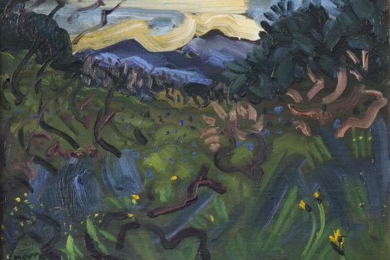 Expressionistic painting of a landscape with purple mountains in the distance and grass and yellow flowers in the foreground.