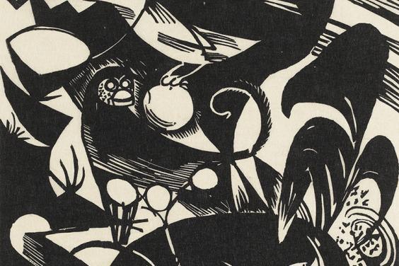 Black and white stylised print of animals in a landscape