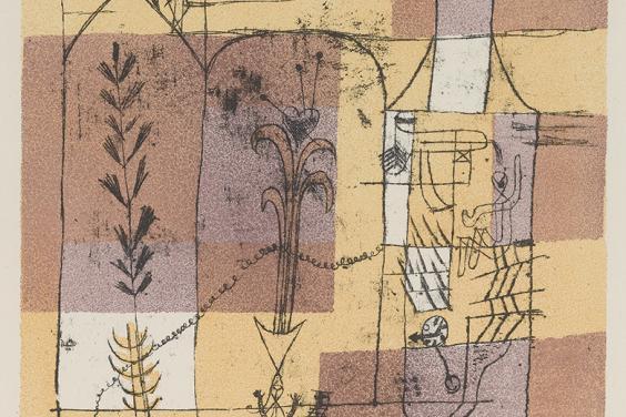 Print composed of thin black line drawing of stylised and simplified figures and buildings and plants on a pale purple, yellow and beige background.