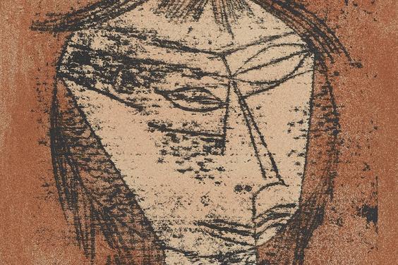 Stylised print of a human head against a rust-red background