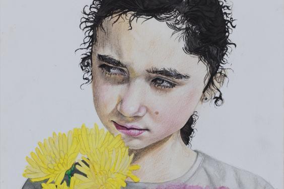 A watercolour and pencil portrait of a young dark-haired girl wearing a white t-shirt with a pink and yellow star pattern. She holds a bunch of yellow flowers close to her face, and is looking off into the distance.