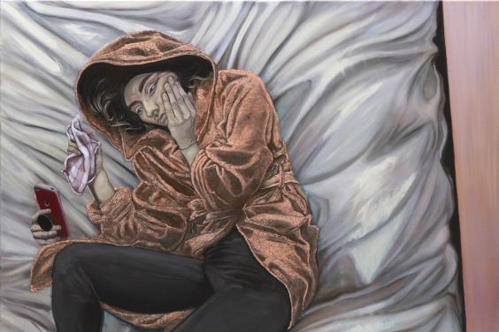 figure dressed in an orange hooded dressing gown and black leggings lies on a bed. One hand is to their face, and one holds a checkered piece of material. A third hand is holding a phone, at which they are gazing. At the foot of the bed is a second figure, dressed in black with a striped scar around their neck. Their hand is grasping the ankle of the figure in the bed, with the fingers wrapped all the way around. They are looking down at a phone in their other hand, which slightly illuminates their face