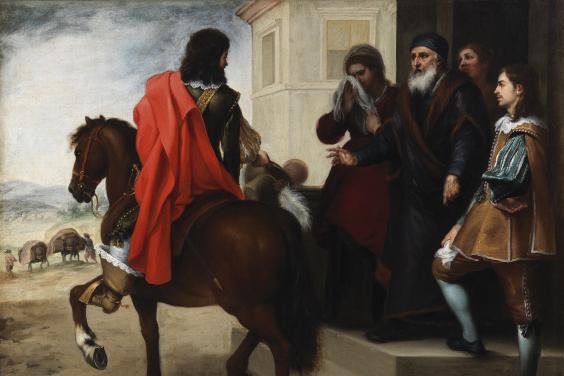 Oil painting of group of people watching man depart on horseback