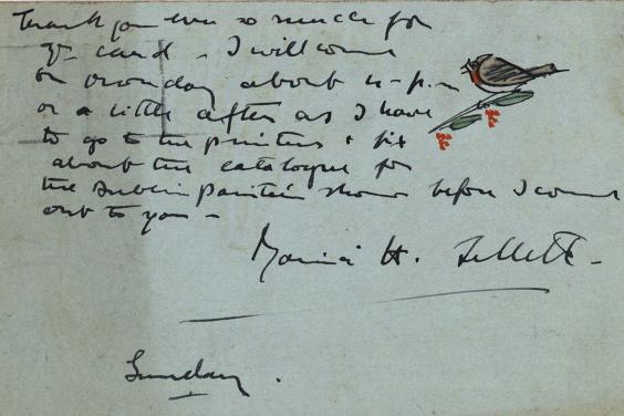 Photo of a manuscript letter with bird illustration
