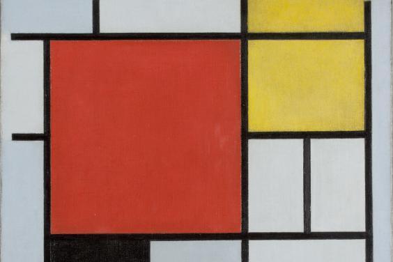 Abstract painting of a grid of grey, red, black, blue and yellow