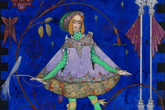 A young man in an intricate, colourful costume stands in front of a vibrant blue background with his hands outstretched.