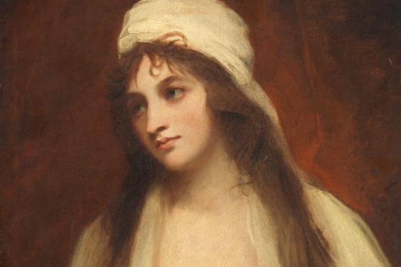 A half-length portrait of a woman with long hair, dressed in white and wearing a white cap.
