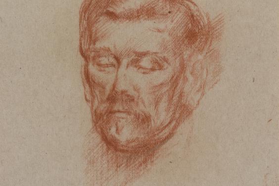 A drawing in red chalk of the head of playwright JM Synge
