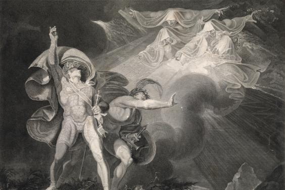 A black and white image with three ghostly hooded figures in the sky looking down on two mortal figures