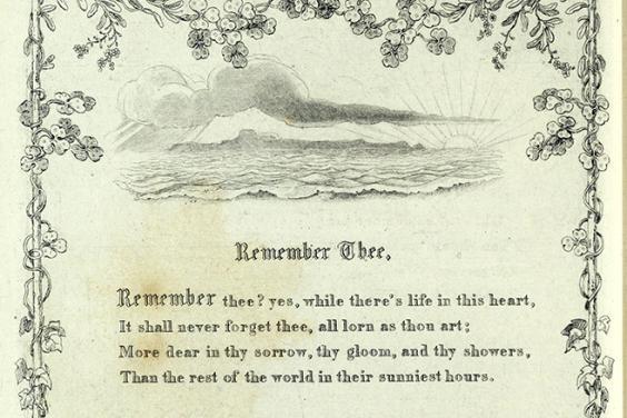 An illustrated page from Moore's Irish Melodies with a border of flowers and foliage and a drawing of the sea