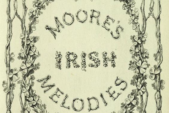 Illustrated frontispiece from Moore's Irish Melodies with a garland of flowers and intertwined branches