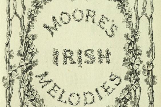 Illustrated frontispiece from Moore's Irish Melodies with a garland of flowers and intertwined branches