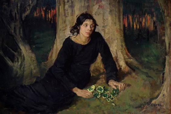 A woman in black lies at the foot of a tree, with flowers in her hand