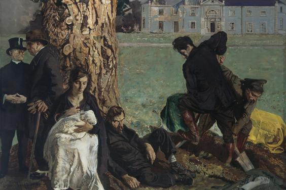 In the grounds of a burnt-out country house, a group of characters cluster around a tree trunk. On the left, a clergyman talks to a finely dressed businessman who turns his back to the figures behind him. Immediately beside them, a young mother (Mother Ireland) sits upright, nursing her baby. Next to them, a dishevelled, bearded man slumps comatose against the base of the tree. In the middle ground a uniformed soldier of the Free State Army and a member of the anti-Treaty forces, facing in opposite directio