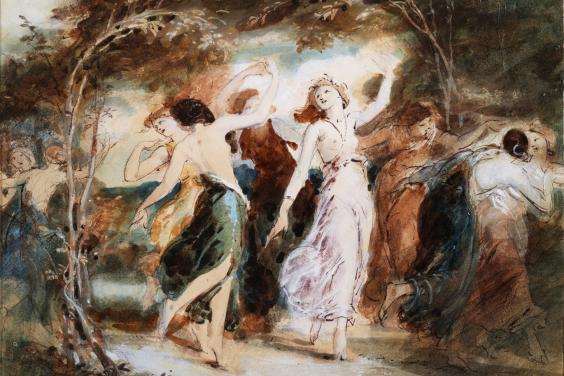 An ink, watercolour, graphite and gouache drawing of nymphs dancing.
