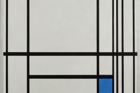 A composition with black lines on white, and one blue-filled square