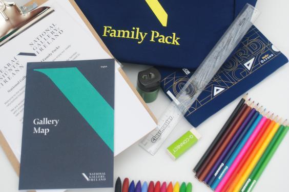 Contents of a Family Pack including colouring pencils, crayons, ruler, eraser, sharpener, clipboard, paper and a Gallery map