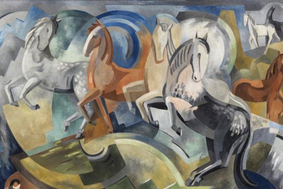 Cubist-style painting of a group of horses