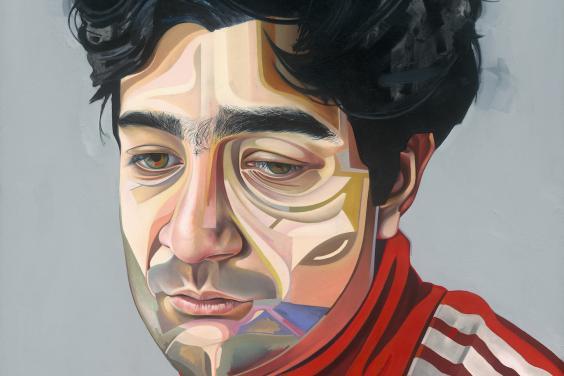 Painting of a male figure with dark curly hair, a red top and a face made up of coloured geometric shapes