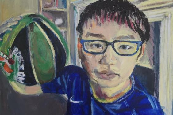 Painting of a young male figure with dark hair, glasses and a blue top holding a basketball