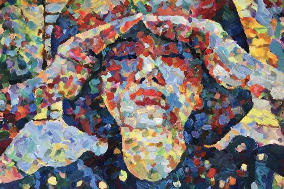 Expressionist style painting of a figure shielding their eyes with their hands