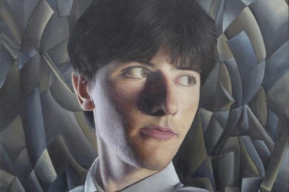 Painting of a young male figure with dark hair and a grey geometric background