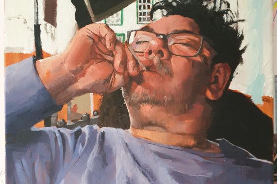 Painting of a male figure with dark hair and a lilac top leaning back and smoking