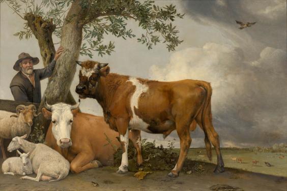 A painting of a large brown bull standing under a tree. Beside him sits a smaller bull, two sheep and a goat. Leaning on a tree nearby is a farmer. 