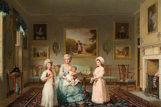 Painting of a woman in a blue Georgian style dress with three children. They are sitting in the middle of a grand sitting room.