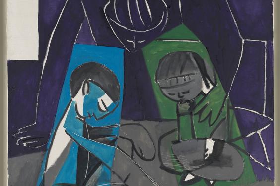 Cubist painting of two children sitting on the floor, drawing. The outline of woman sits behind them. 