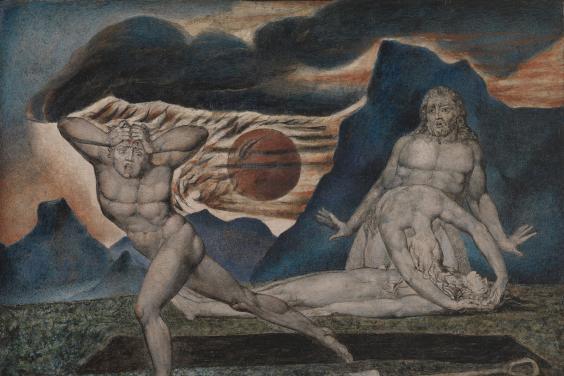 Four figures in a dark blue and red landscape. One runs, clasping their head. One lies apparently dead on the ground, beside a freshly dug grave. The other two kneel over this figure.  