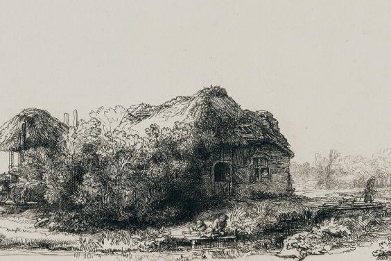 A detailed etching of a cottage with an adjoining haybarn. It is surrounded by trees and greenery much of which is growing on the roof. A small figure is visible on the right. 