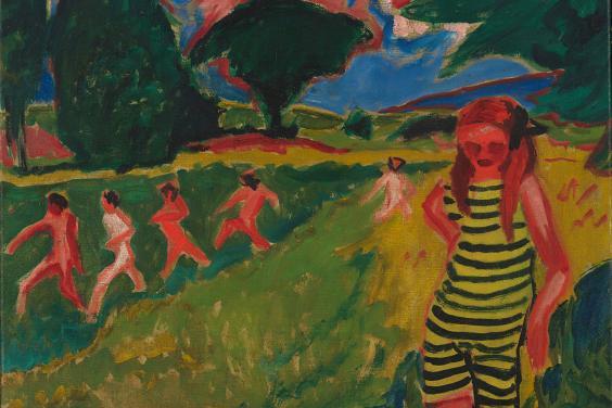German expressionist style painting of a young girl wearing a black and yellow striped playsuit. There are five nude figures in the background, and the painting is set in a field with large trees.